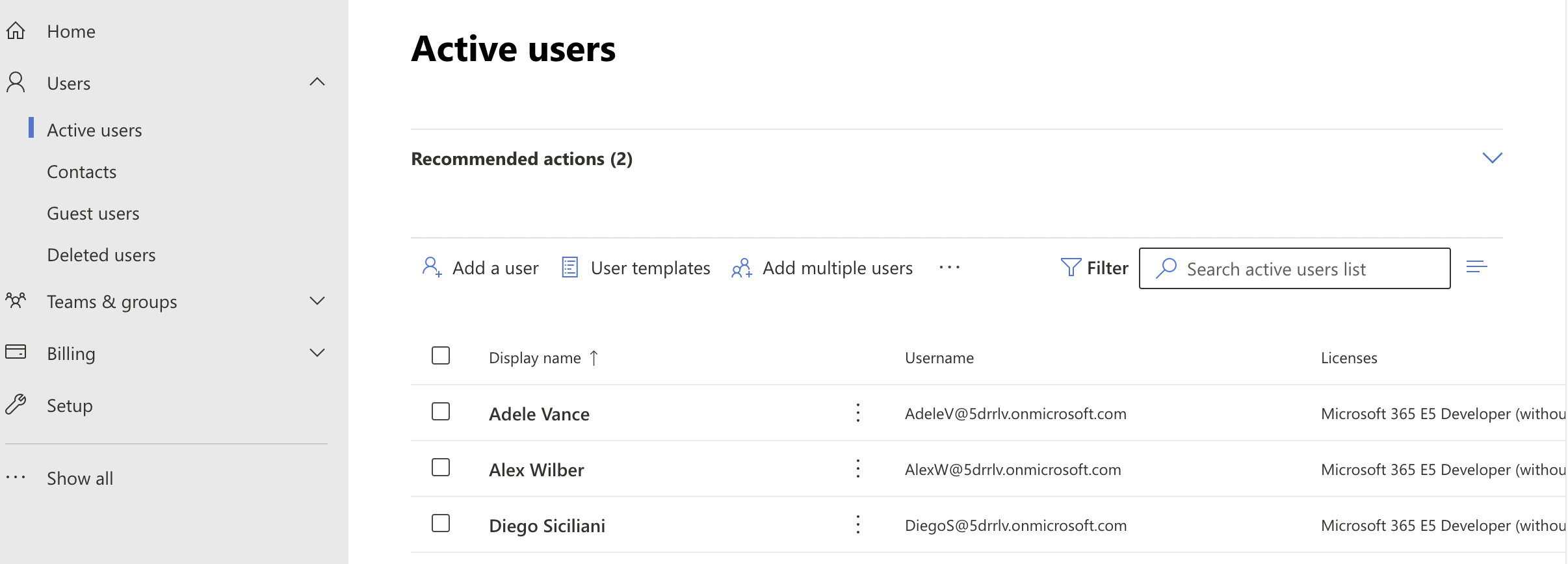 Microsoft 365 sandbox domain user list